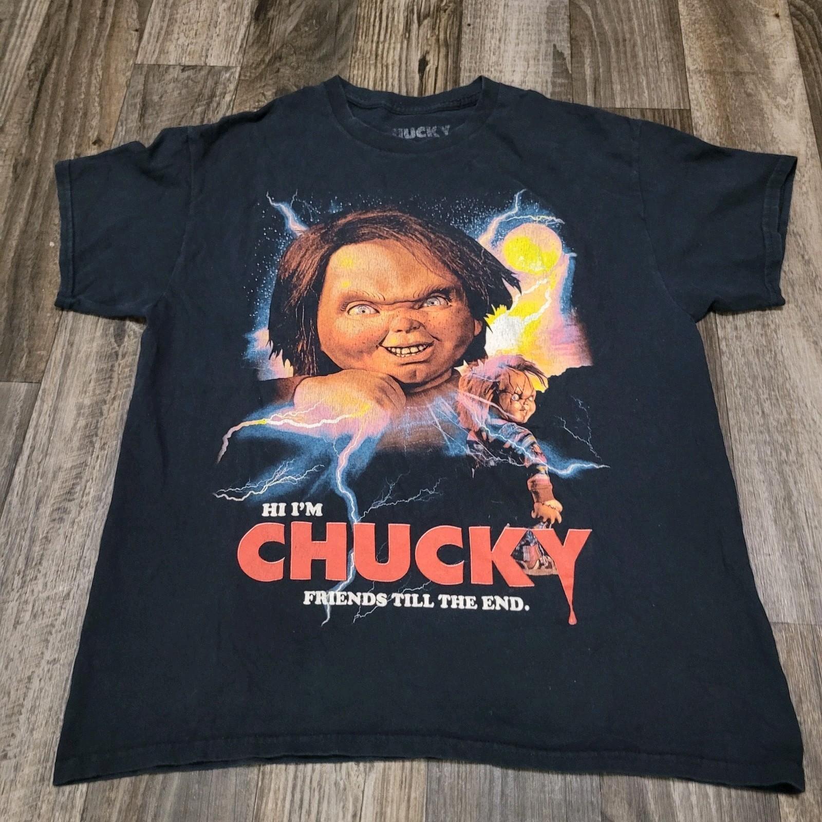 Child s Play Chucky Mens Black Friends Till The End Graphic T Shirt Size Large Unisex T-Shirt S