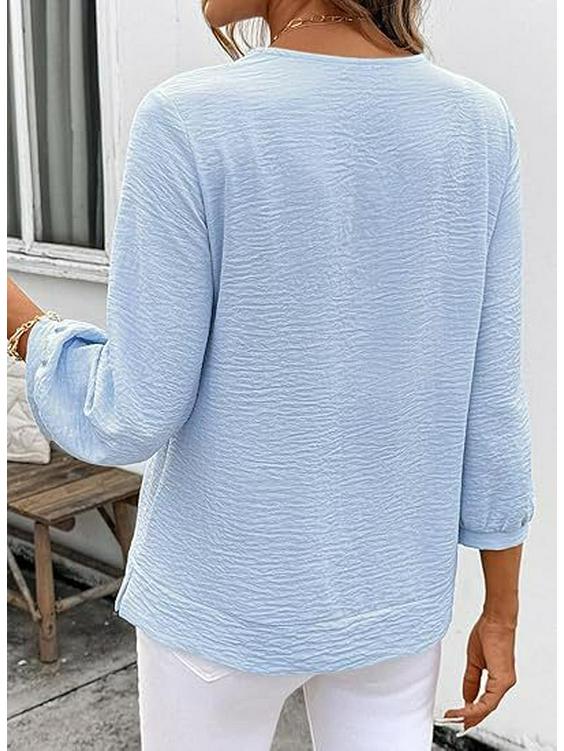 Women's V-Neck Ruffled Blouse - 3/4 Sleeve Loose Casual Shirt