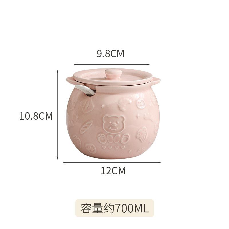 

Cute Household Ceramic Lard Tank With Lid Spoon Large Capacity Seasoning Meat Oil Tank Creative Bread Bear Oil Splashed Spicy Pot