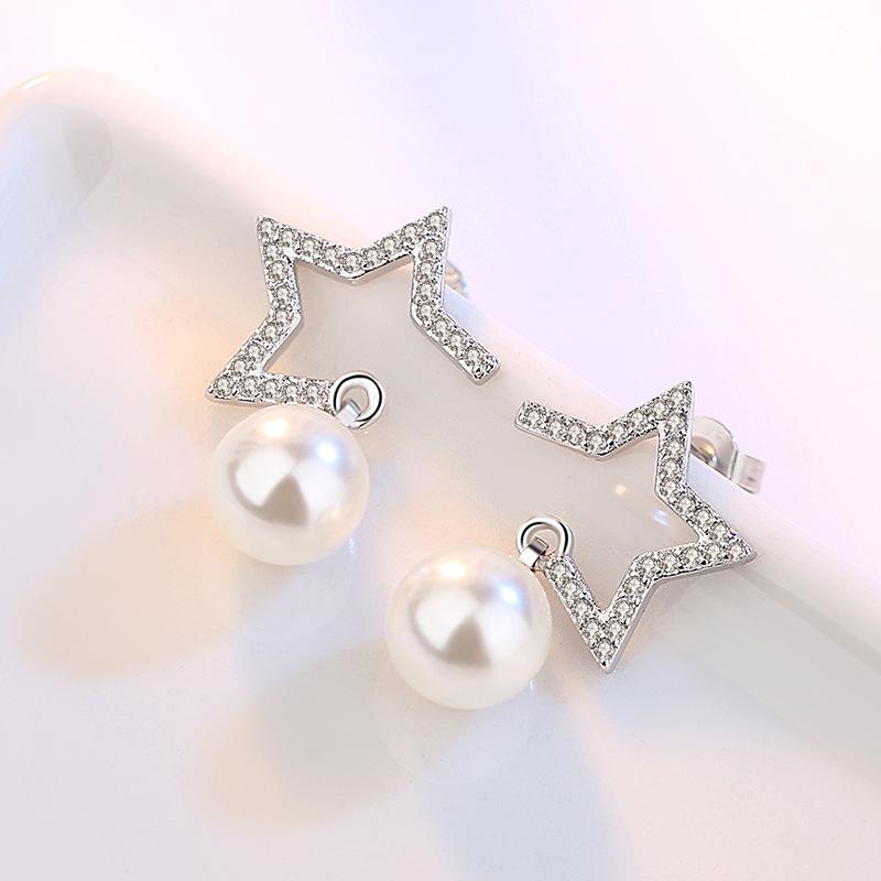 Fashion Star Celebrity Earrings, Girls Tremella Needle Pearl Pentagram Earrings