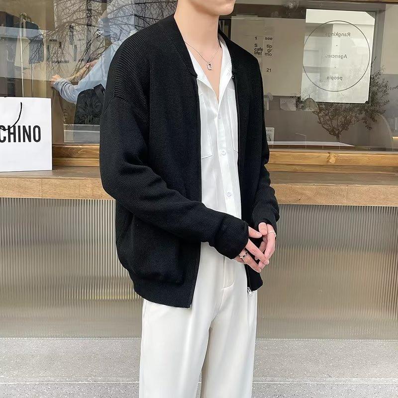 Весна и Осень 2025 Новый Свитер-Куртка Мужской Однотонный Вязаный Кардиган Мужская Повседневная Универсальная Одежда Приталенного Кроя XXXL чёрный 3260₽
