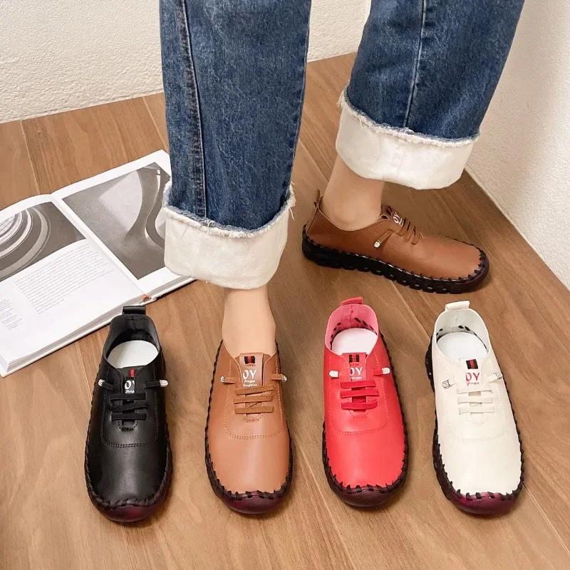 Women's Sneakers Wear Resistant  Spring New Casual Comfortable Platform Loafers Lace-Up Leather Flats Slip-On Ladies Shoes