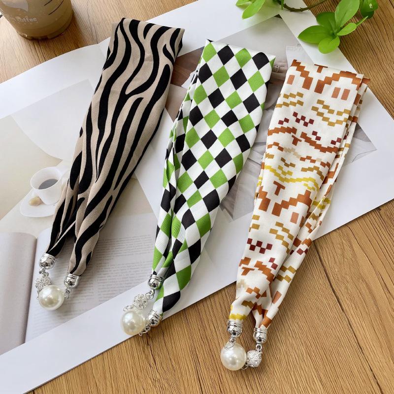 > New Magnetic Pearl Silk Scarf Necklace: Versatile High-End Neckerchief & Wrist Scarf