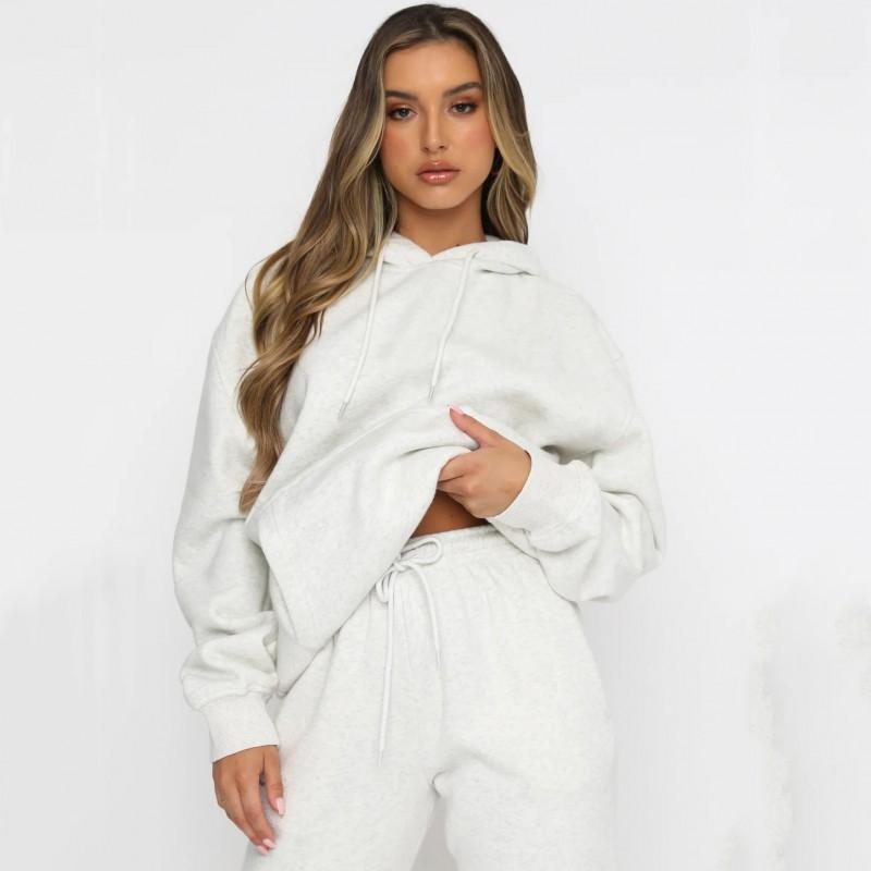Womens Solid Color Hooded Long Sleeve Sweatshirt Set Casual Street Style Outfit