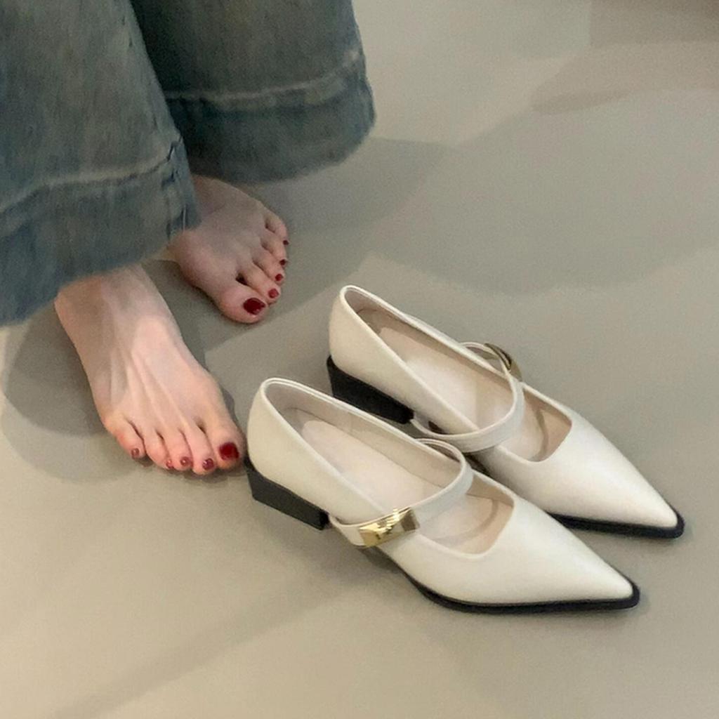 One Word with Small Leather Shoes, Women's Simple and Versatile Commuting Temperament, Single Shoes, Pointed Head, Shallow Mouth Mary Jane Shoes