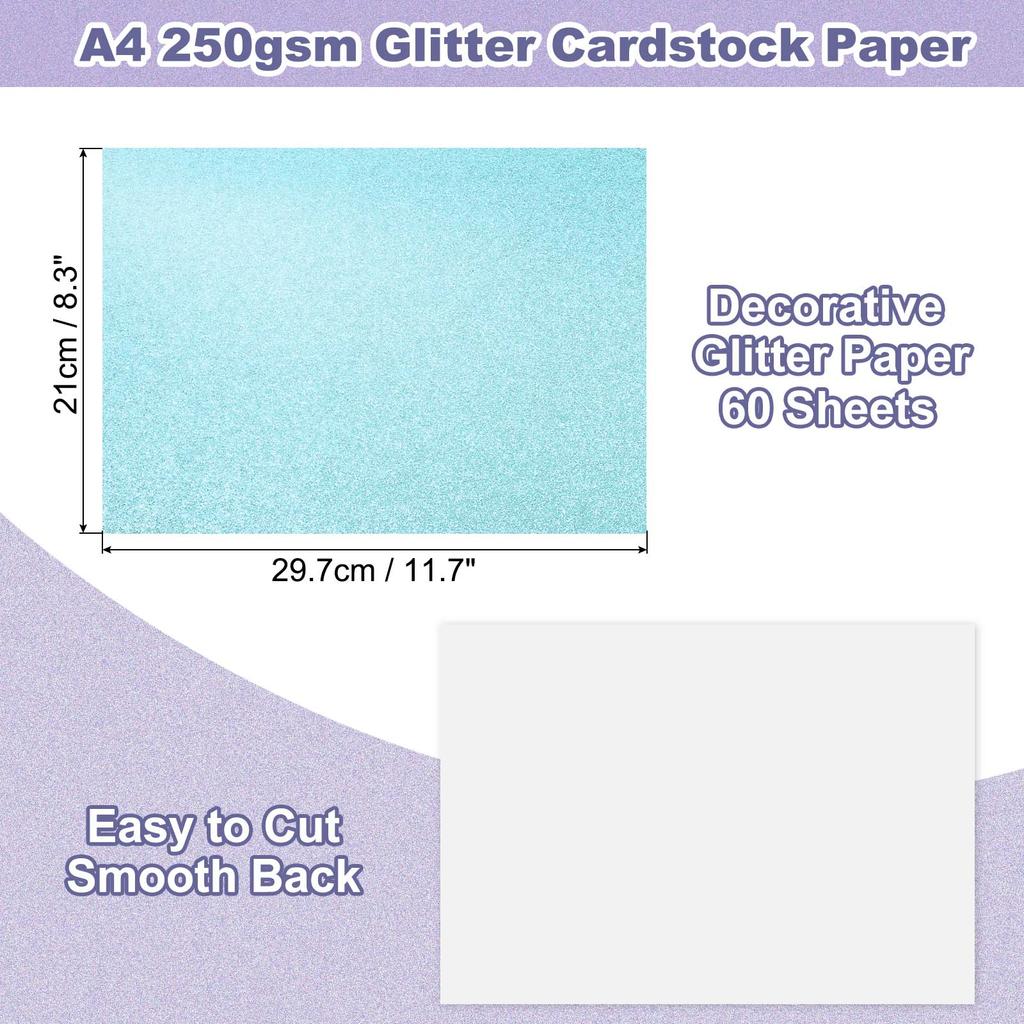 60Sheets Glitter Cardstock A4 Glitter Paper Card Stock Shiny Scrapbook 250gsm Sparkly Paper Large Shimmer for Scrapbook DIY Art