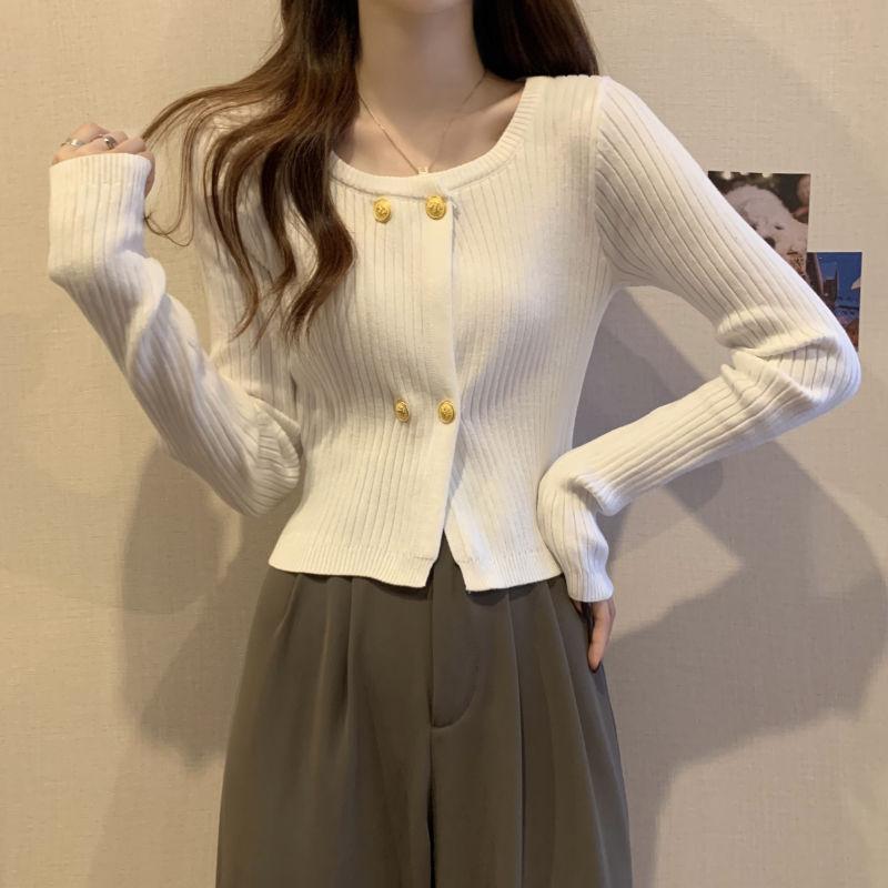 Soft Vibe Square Neck Chic Knit Cardigan Women's Autumn & Winter Elegant Slimming Short Sweater Outer Jacket