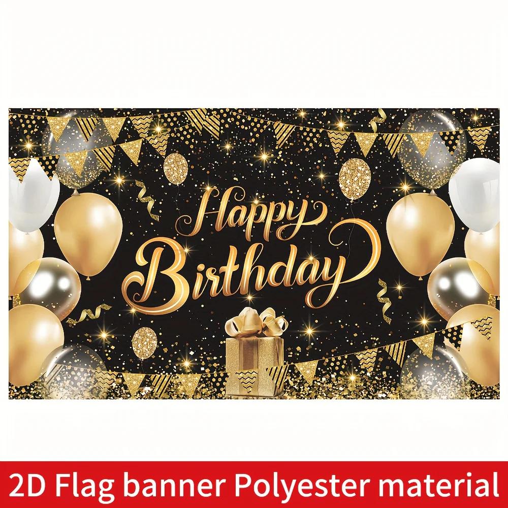 2D flag banner, 1 birthday celebration photography backdrop, black and gold glittering birthday banner background
