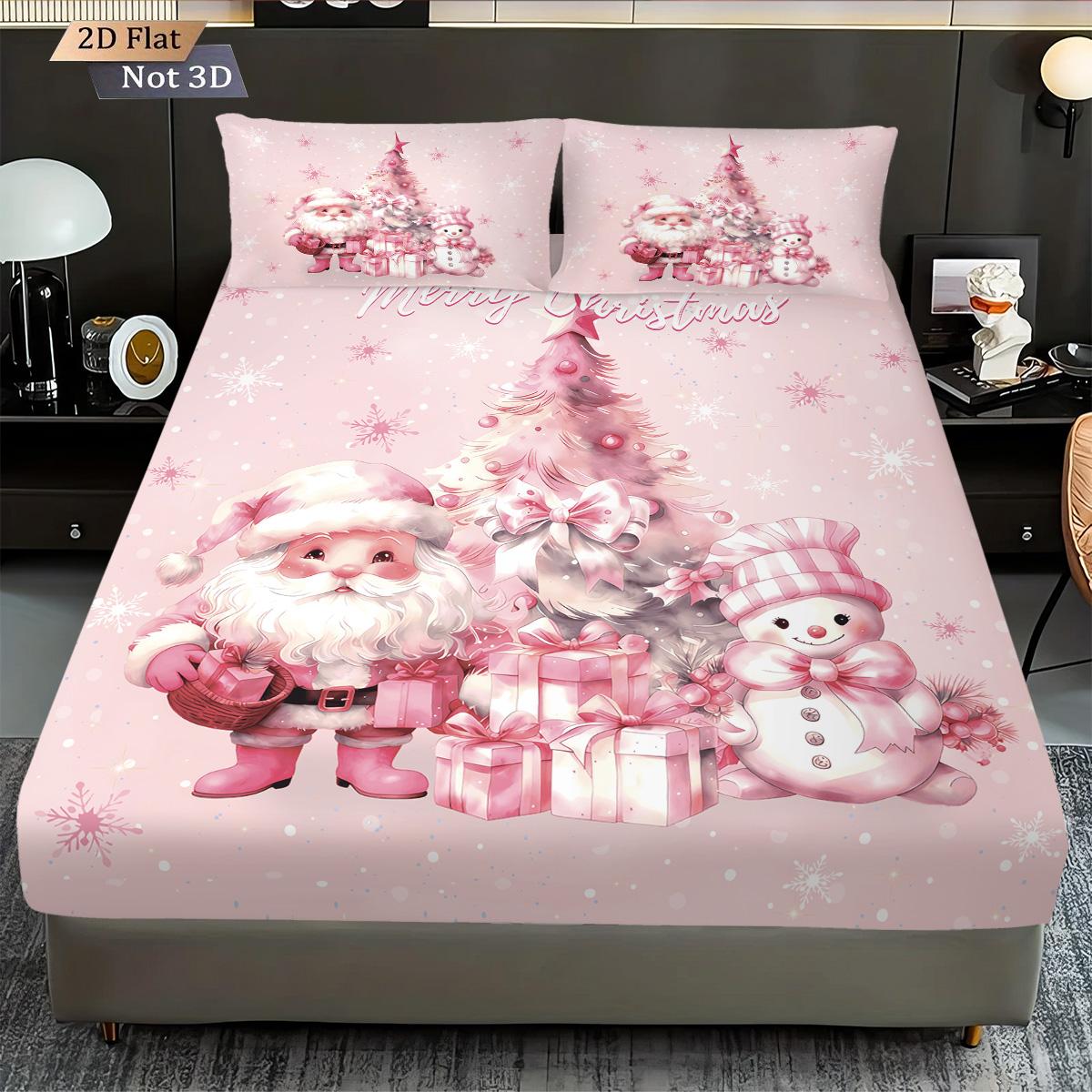 

3pcs pink Christmas snowman print coreless bed sheet set multiple sizes bed covers bedroom bedding decorations machine washable 90x191cm