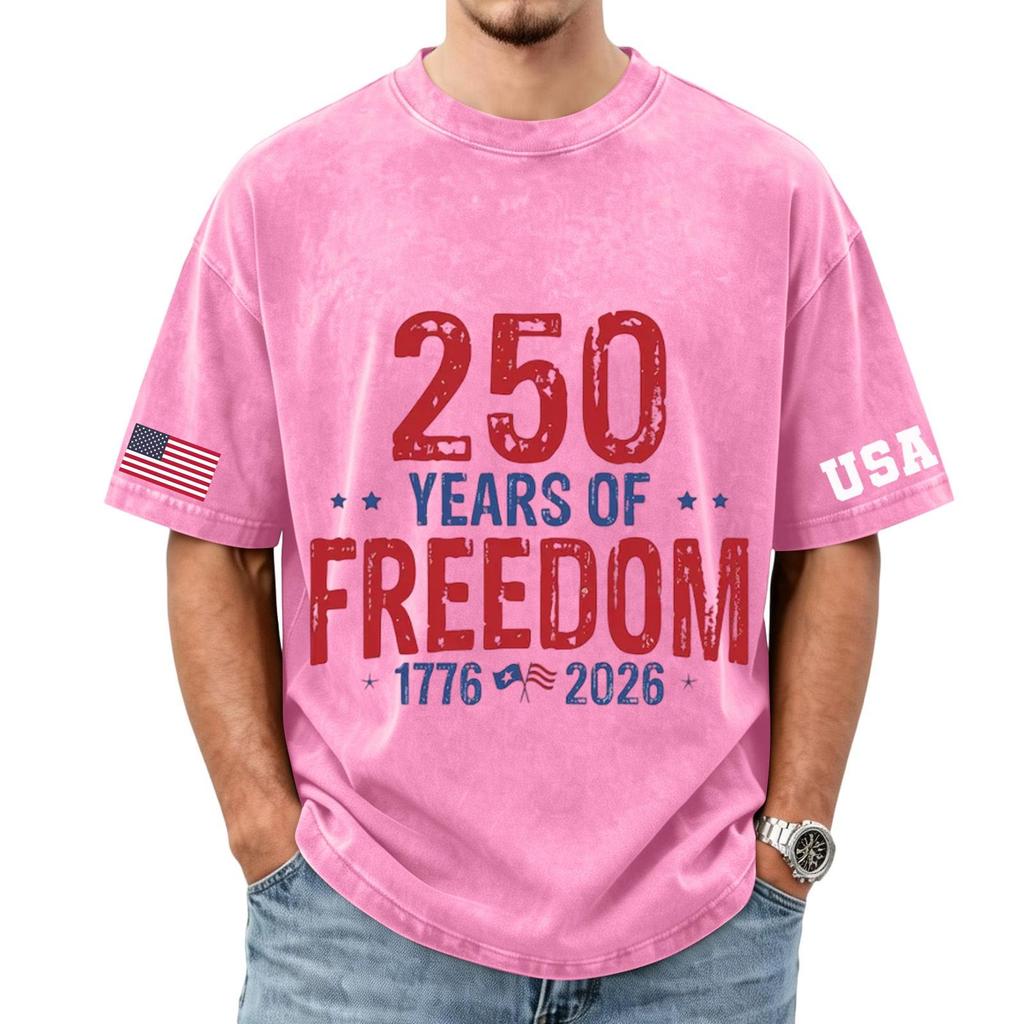 Men's loose and casual flag letter print T-shirt - Men's trendy washed short-sleeved top