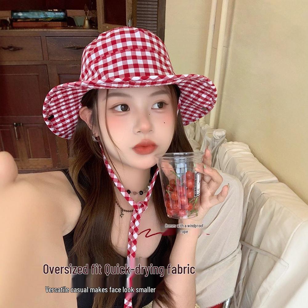 Women's Japanese Plaid Lace-up Fisherman Hat: Summer Wide Brim UV Sun Protection