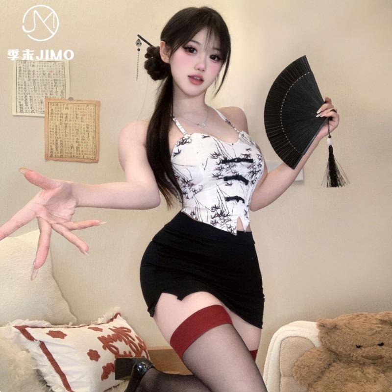 Sex Underwear New Chinese Neck Cheongsam Short Skirt Printed Spice Girl Belly Pocket High Sense Temptation Suit Women