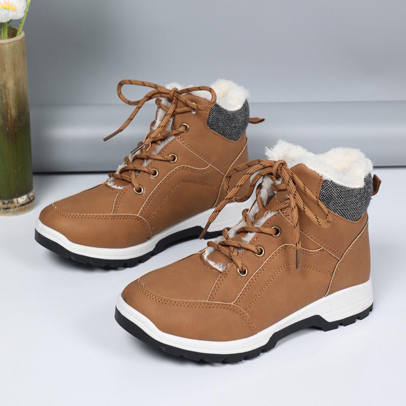 Modische verdickte Plüsch-Knöchelstiefel für Damen Winterstil Outdoor Schnür-PU-Leder Warme Baumwollstiefel Wasserdichte und rutschfeste Stiefel