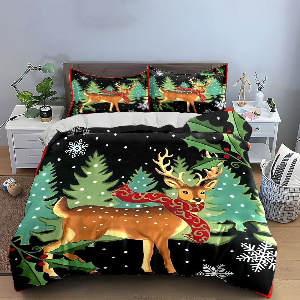 Christmas Deer with Red Scarf Bedding Duvet Cover Set Duvet Cover Pillowcases (1*Duvet Cover 2*Pillowcases, Without Duvet Insert)