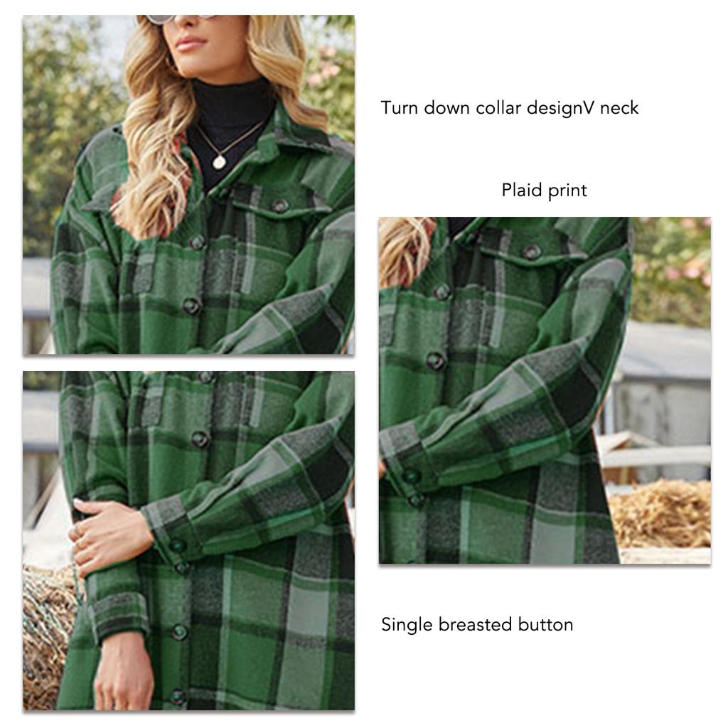 Płaszcz Damski w Kratę z Rozcięciem na Dole, Kołnierzykiem Wykładanym, Jednorzędowy Zapinany na Guziki, Luźny z Kieszeniami, Koszula Kurtkowa Zielony