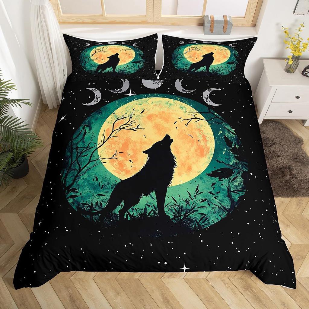 Wolf Sternenhimmel Wald Bedrucktes Bettbezug-Set Bettwäsche-Set für Schlafzimmer Dreiteiliges Set