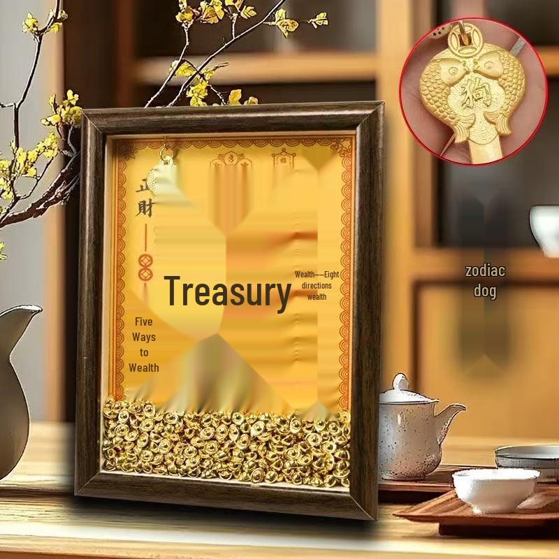Yellow Dzambhala Wealth Photo Frame Ornament with Twelve Zodiac Animals for Desk Attraction