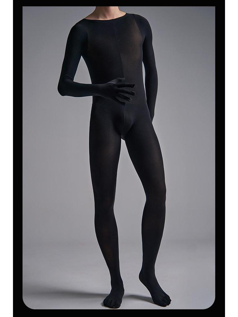 Pánské plus size sametové body s pětiprstými rukavicemi a kalhotami bez zad - Sexy černé punčochy