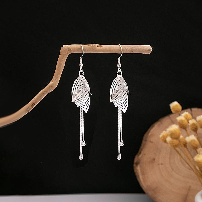 Imitation Miao Silver Ethnic Long Leaf Tassel Dangle Earrings
