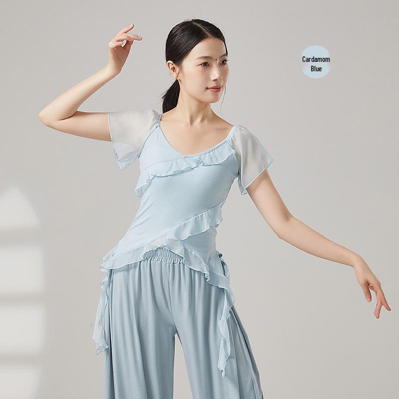 Ruffled Short-Sleeve Classical Dance Top for Chinese and Modern Dance Practice Large синий