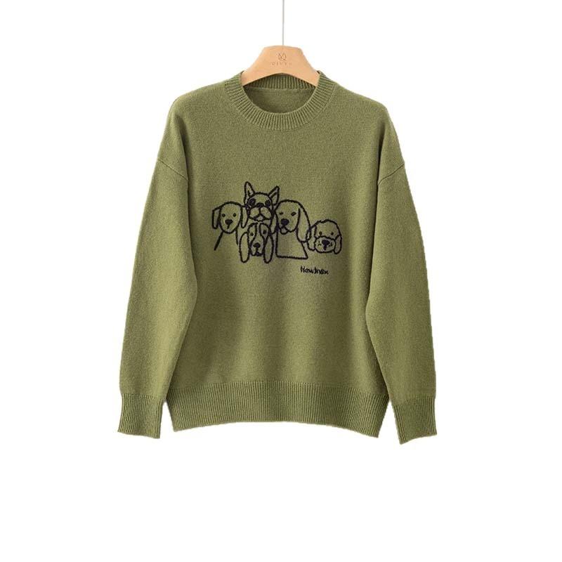 Heavyweight Embroidery Thickened Crew Neck Wool Inner Knitted Sweater Women's Autumn and Winter Lazy Loose Casual Sweater
