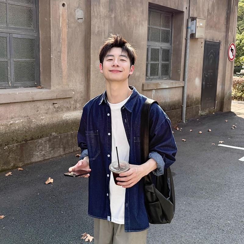 

Men s Dark Blue Washed Denim Button Down Shirt Casual Pocket Detail Oversized Streetwear Top M синий