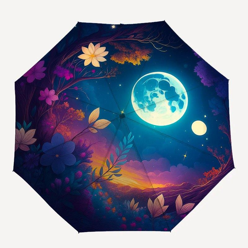 Enchanted Night Garden: Moonlit Floral FantasyUmbrella with Cute Design, Portable 3-Fold Compact Umbrella for Men & Women, Valentine's Day Mother's Da
