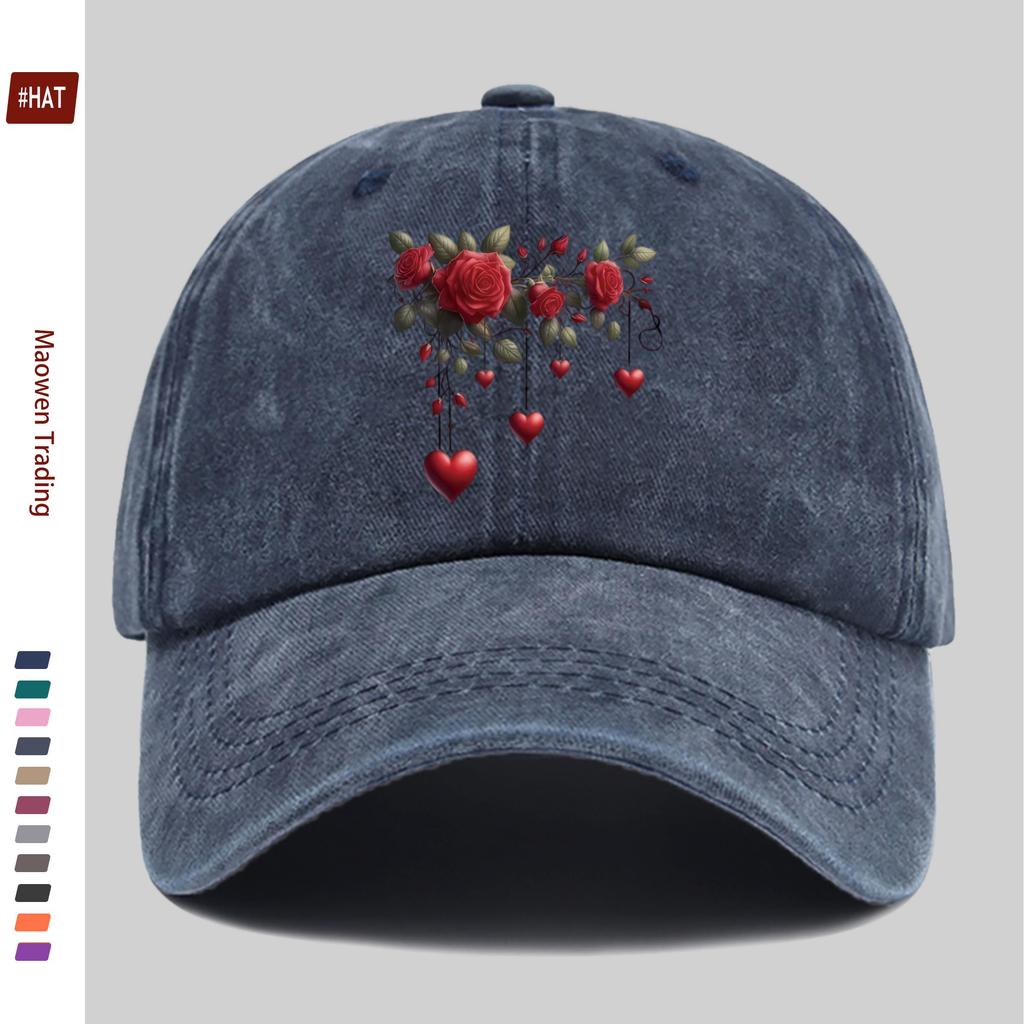 pc Adjustable Snapback Trucker Hat with Vine Heart Rose Print Vintage Washed Unisex Cap Suitable for Men Women Lightweight