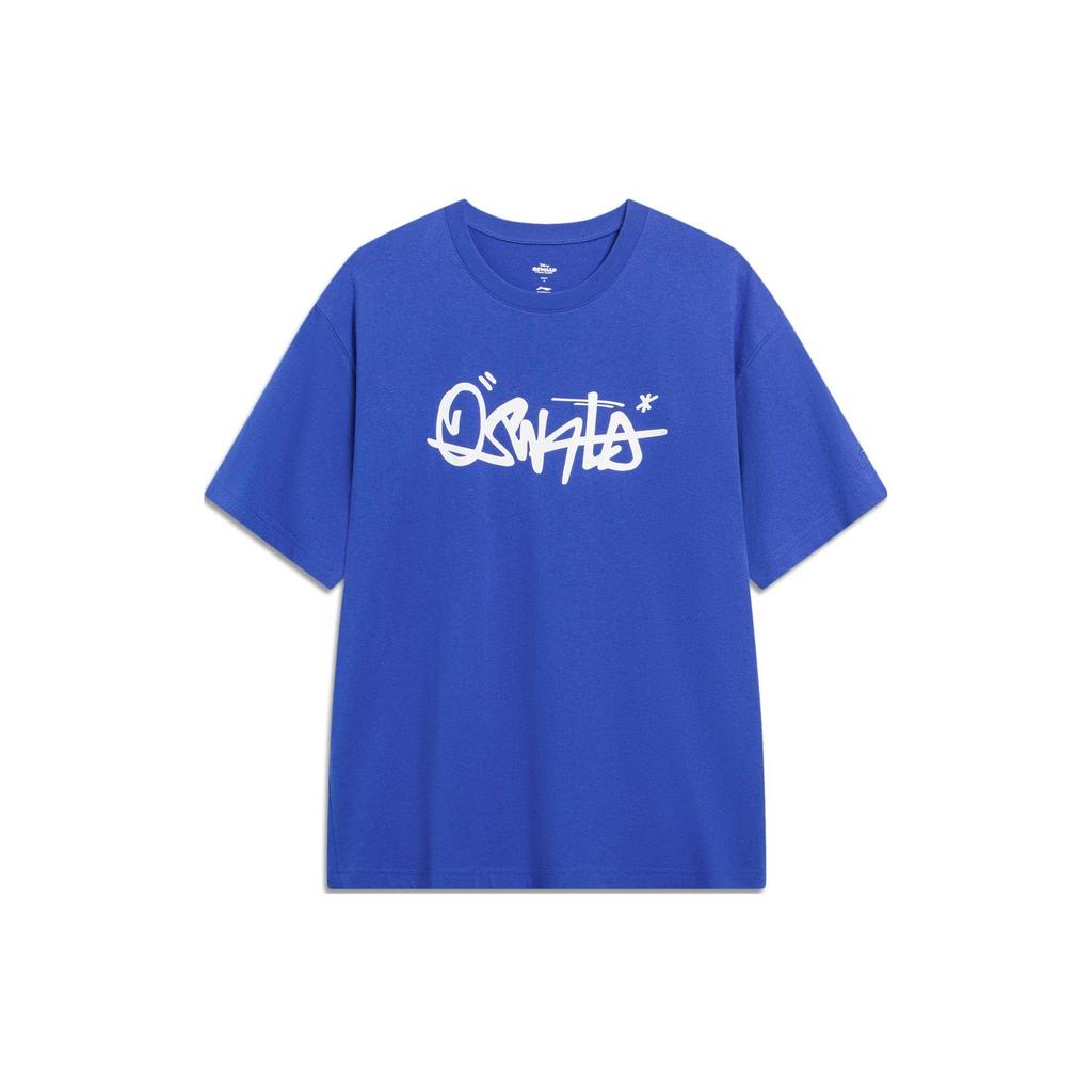 Li-Ning X Disney Oswald Series Cartoon And Letter Print Round Neck Loose Short Sleeve T-Shirt Unisex Tops Bright-Blue AHST313-3