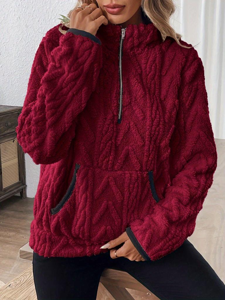 2025 Autumn/Winter European & American Lapel Jacquard Half-Zip Plush Pocket Short Sweatshirt