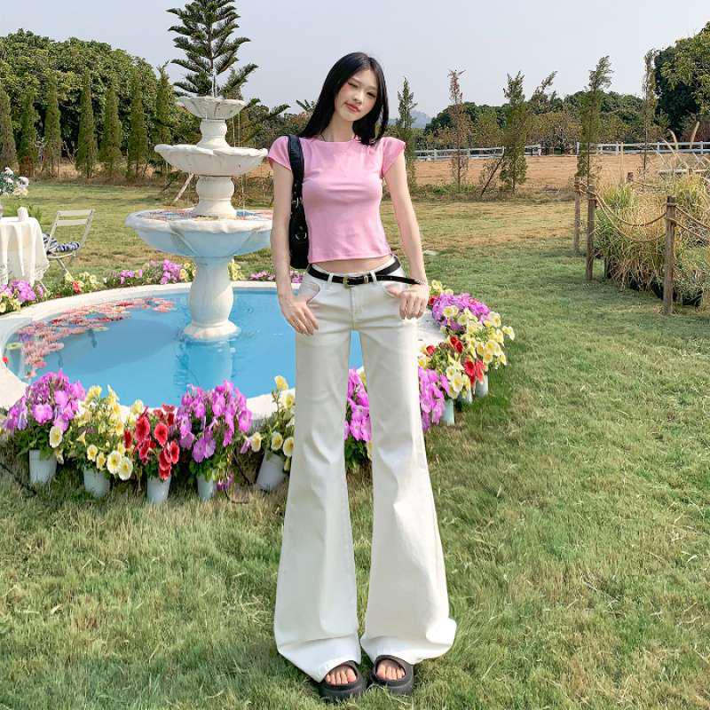 American Retro Slimming Flared Jeans - Ice Blue Micro Flare Bell Bottoms for Women Large