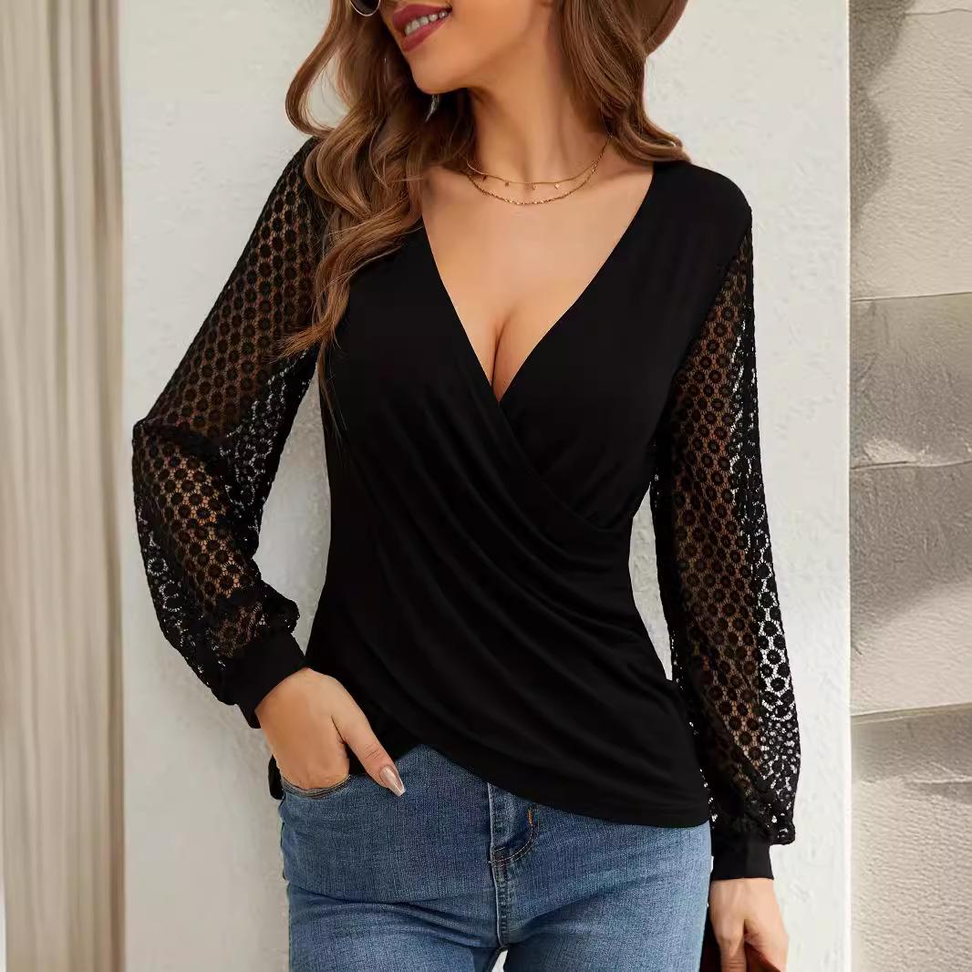 

Осень/Зима Новая однотонная французская кружевная вставка с рукавами-фонариками, свободная футболка с крестообразным узором XXL чёрный