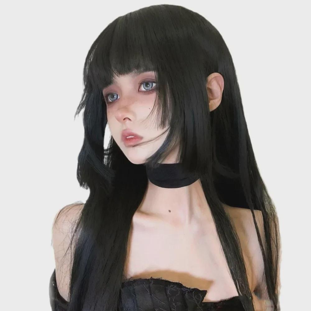 "Japanese Lolita Princess Cut Black Long Straight Wig for Women"
