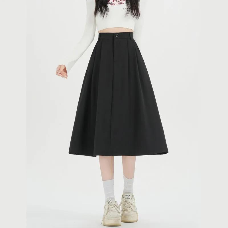 Women High Waist Pleated Midi Skirt A Line Casual Business Skirt With Pockets For Daily Work S чёрный