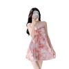 Sweet and sexy suspender skirt pink flower print lace hollow splicing comfortable pajamas cool and comfortable loungewear