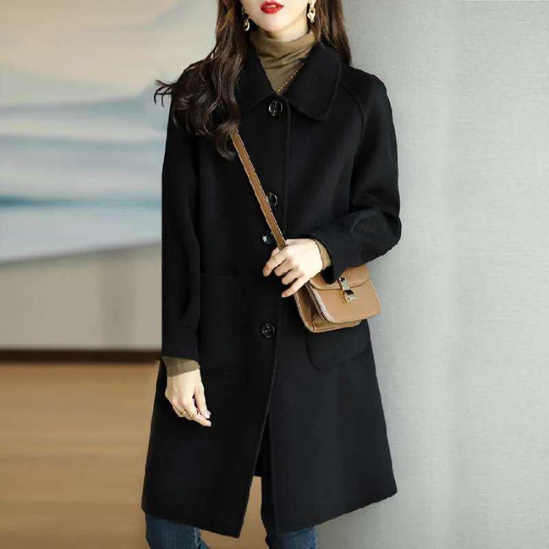 Women's Slim Woolen Mid-Length Coat - 2026 Autumn/Winter Korean Style, Petite & Plus Size, Thickened for Temperate Weather