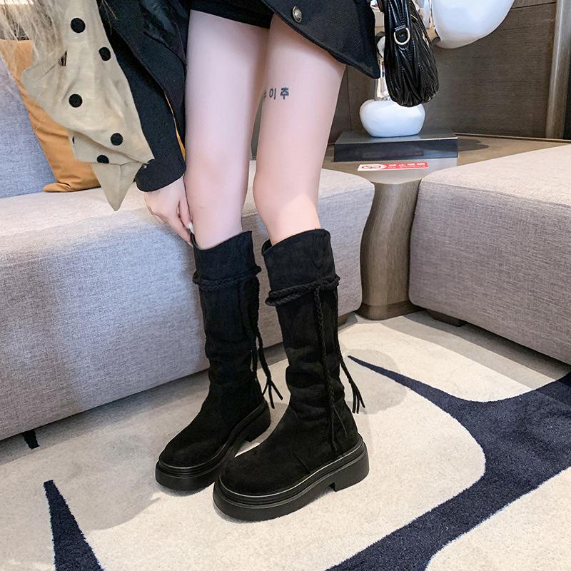 Retro tassel woven rope spring and autumn new suede boots women's platform boots high boots heightened western pile