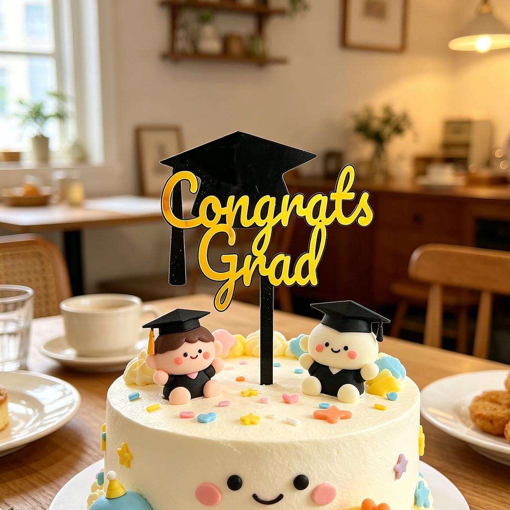 Big Graduation Cap Black And Gold Double-layer Congrats Grad Cake Decoration