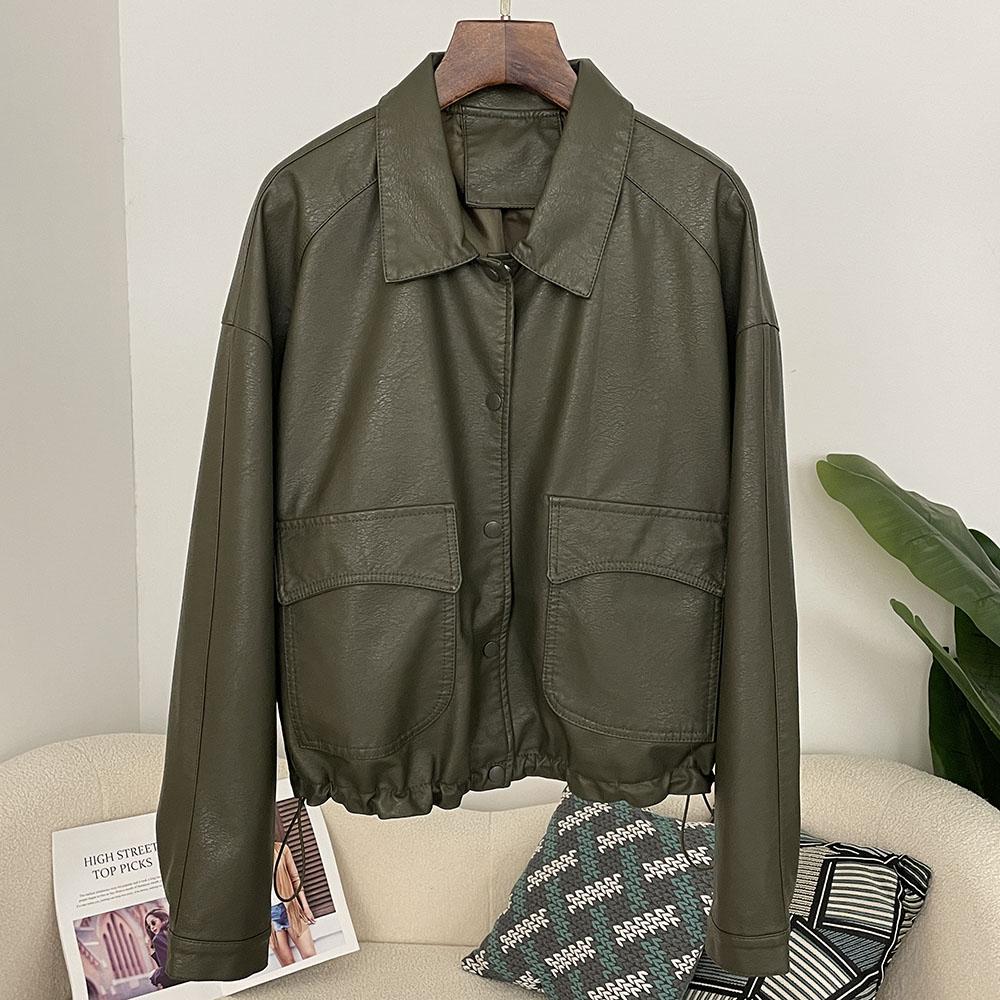 OFTBUY Women Vintage Loose Pu Faux Leather Short Jacket Casual Motorcycle Jacket Female Zipper Retro Moto Biker Coat Outwear Tops