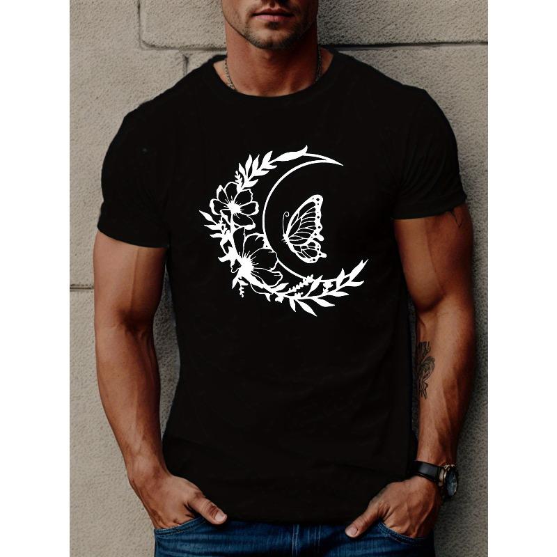 

Men s Short Sleeve T-Shirt with Lunar Butterfly & Chinese - Summer Casual Round Neck Top, Geometric Moon Print Blouse for (Machine Washable) S чёрный