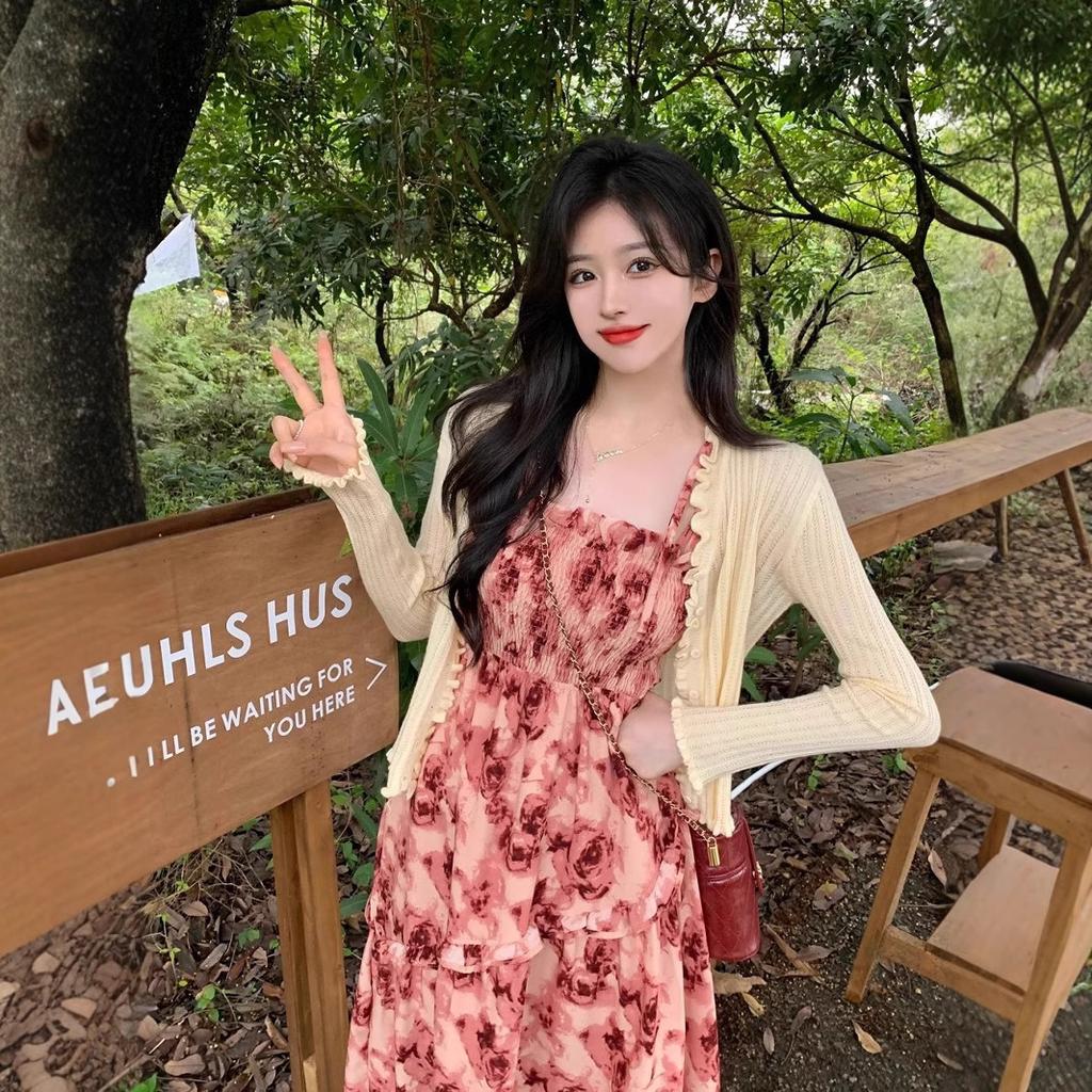 Coffee Break French Rose Floral Suspender Dress Women's Skirt Summer Small Seaside Vacation Waist Long Dress