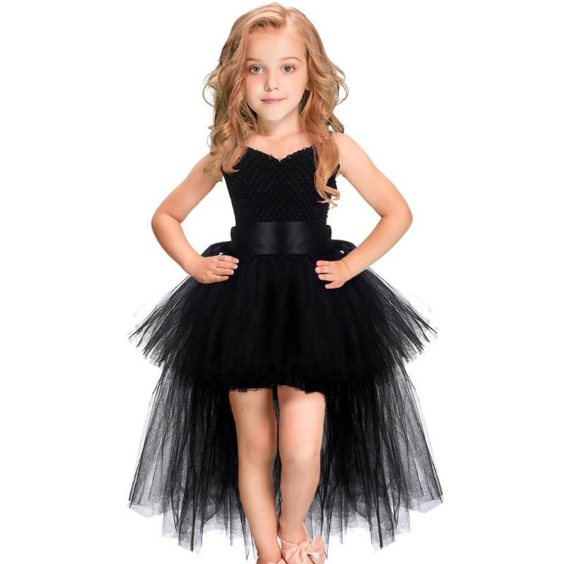 Black Girls Tutu Dress Tulle V-neck Train Child Evening Birthday Party Dress Kids Halloween Costume