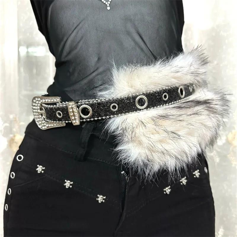 Punk PU Studded Fur Belt Y2k Vintage Faux Fur Rhinestone Patchwork Belt Metal Plush Waist Chain Furry Waistband Jeans Belts