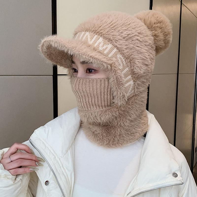 Plush Thread Scarf One-piece Cap Women's Winter Wind and Cold Neck Cover One-piece Knitted Hat Outdoor Cycling Hat