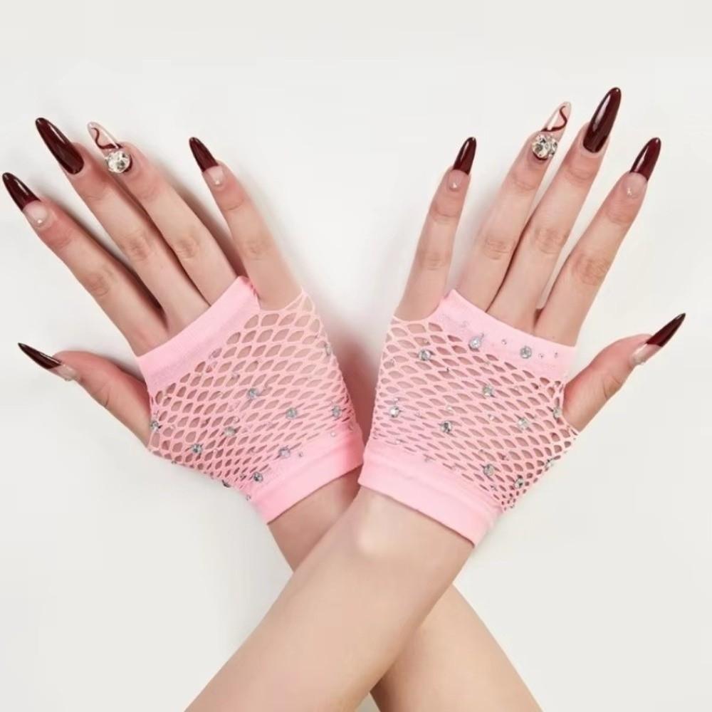 Fishnet Design Rhinestone Gloves Shiny Decor Short Gloves New Fingerless Gloves Dance Performance