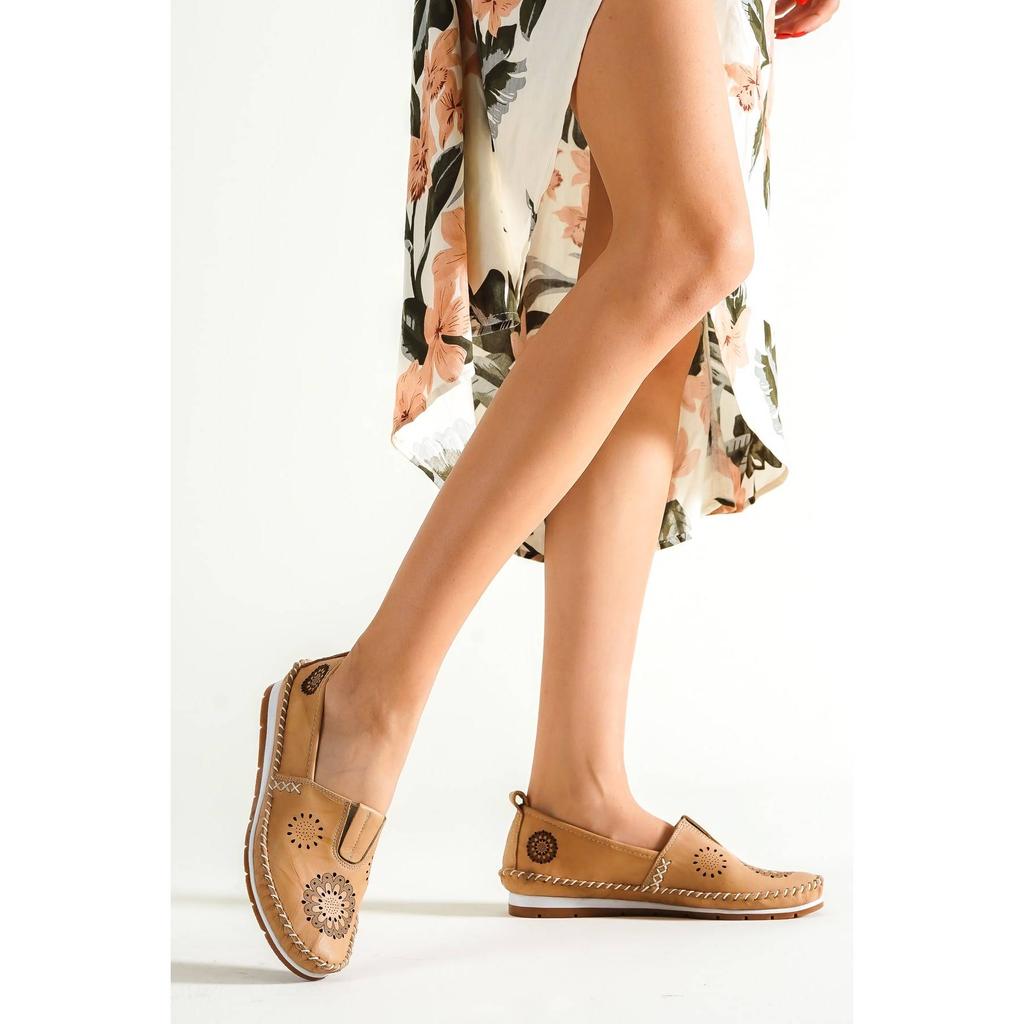 Damenmode Echtleder New Beige Leder Flats Freizeitschuhe