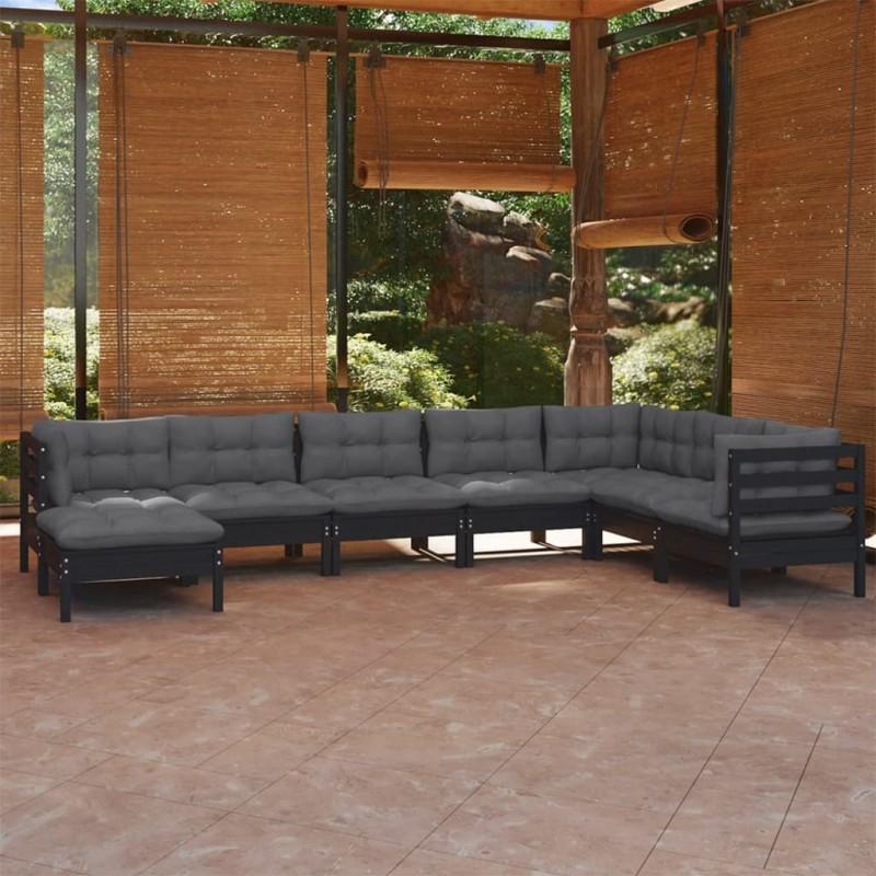 Día y Noche - Día y Noche Muebles de jardín 8 pzas con cojines negro madera maciza pino