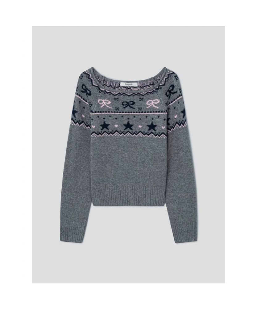 8SECONDS Boat Neck Pattern Pullover Gray