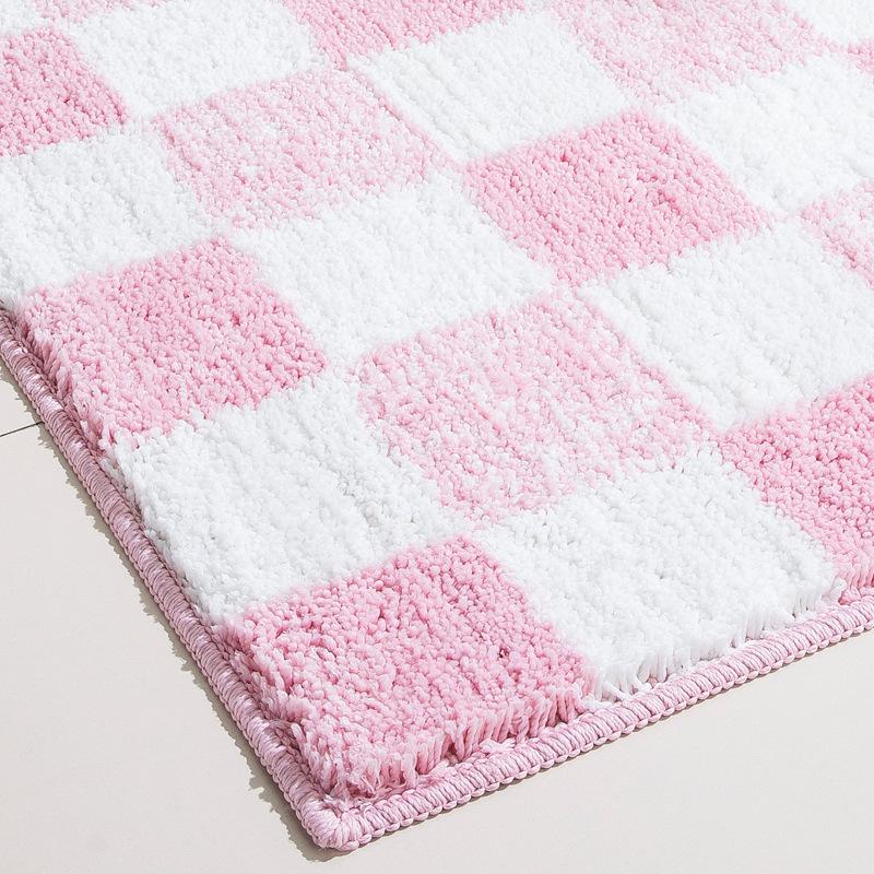 Pink Checkerboard Bathroom Floor Mat Absorbent Quick-drying Mat for The Home Bathroom and Thick Flocked Bathroom Rug