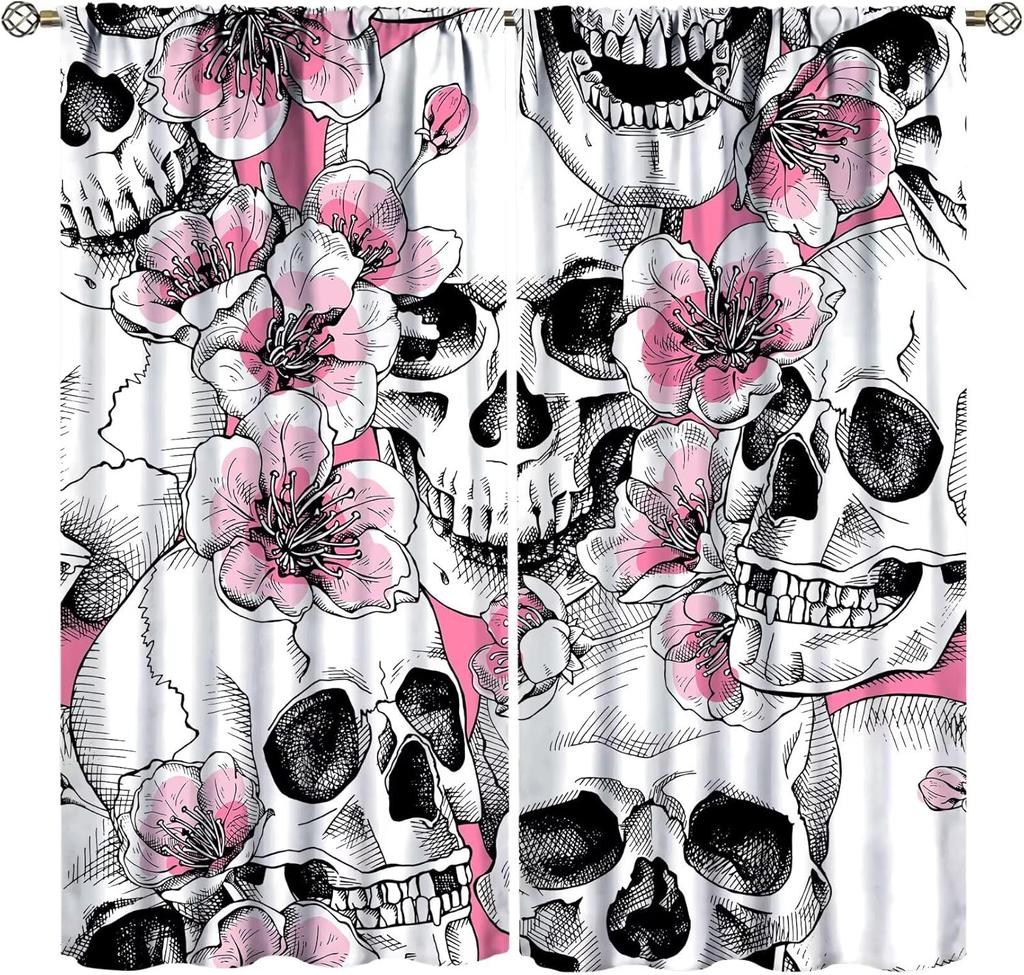 Vintage Skull Curtains Rose Flowers Wildflowers Halloween Theme Scary Curtain Bedroom Living Room Home With Rod Pocket Polyester Ideal For Sitting